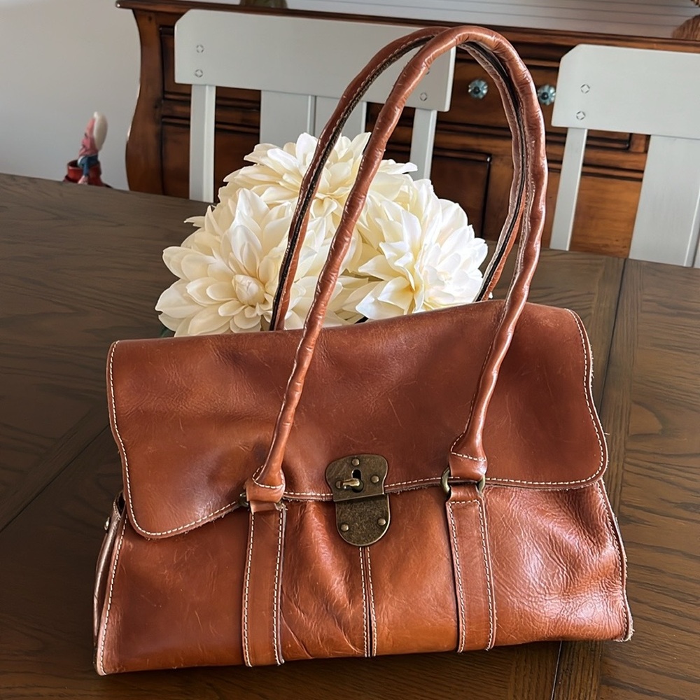 PATRICIA NASH VIENNA SATCHEL BAG COGNAC LEATHER DOUBLE HANDLE CARRY